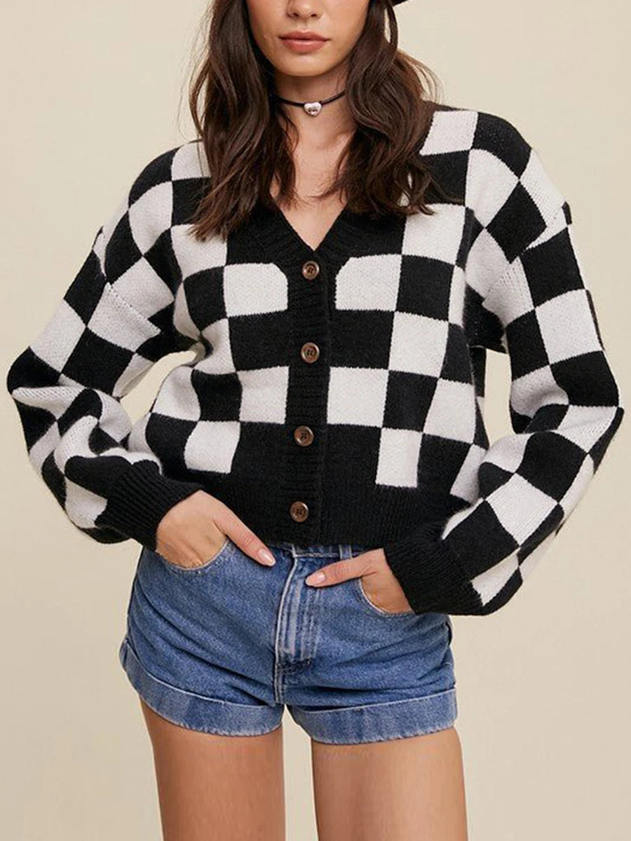 Stylish Checkered Crop Cardigan