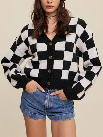Stylish Checkered Crop Cardigan