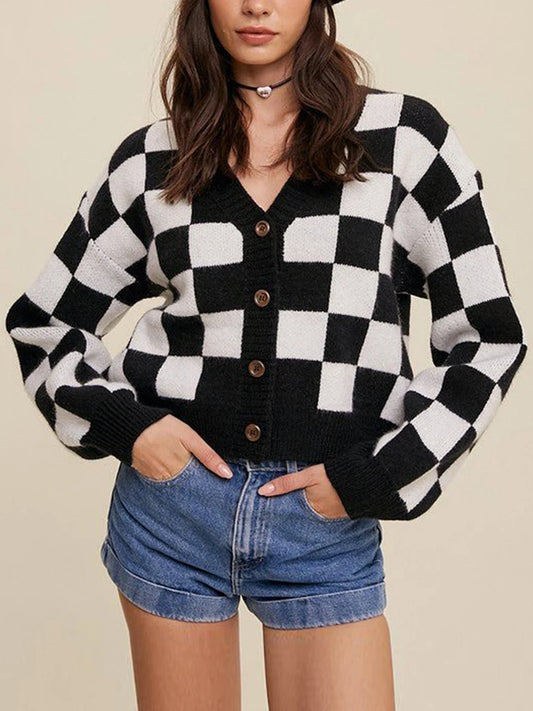 Stylish Checkered Crop Cardigan